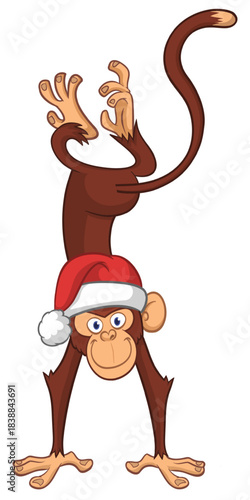 Cartoon funny monkey chimpanzee standing upside down. Vector illustration isolated on white