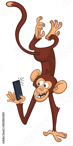 Cartoon funny monkey chimpanzee standing upside down making selfie with smartphone. Vector illustration isolated on white