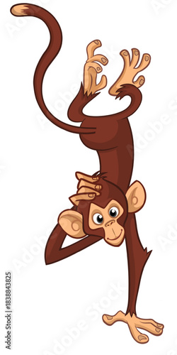 Cartoon funny monkey chimpanzee standing upside down. Vector illustration isolated on white