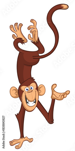Cartoon funny monkey chimpanzee standing upside down. Vector illustration isolated on white