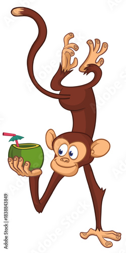 Cartoon funny monkey chimpanzee upside down drinking coconut cocktail. Vector illustration isolated on white
