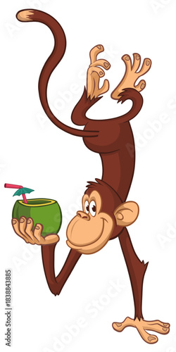 Cartoon funny monkey chimpanzee upside down drinking coconut cocktail. Vector illustration isolated on white