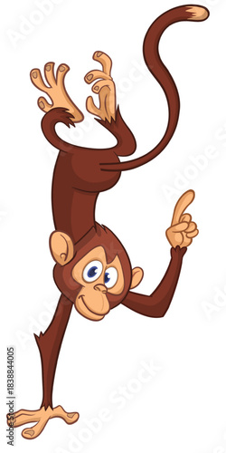 Cartoon funny monkey chimpanzee standing upside down. Vector illustration isolated on white