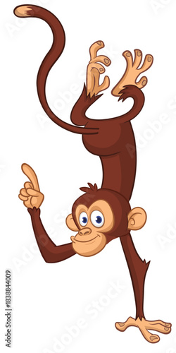 Cartoon funny monkey chimpanzee standing upside down. Vector illustration isolated on white