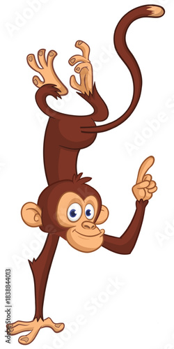Cartoon funny monkey chimpanzee standing upside down. Vector illustration isolated on white