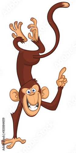 Cartoon funny monkey chimpanzee standing upside down. Vector illustration isolated on white