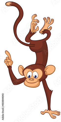 Cartoon funny monkey chimpanzee standing upside down. Vector illustration isolated on white