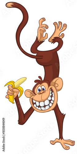 Cartoon funny monkey chimpanzee standing upside down. with banaha in the hand Vector illustration isolated on white