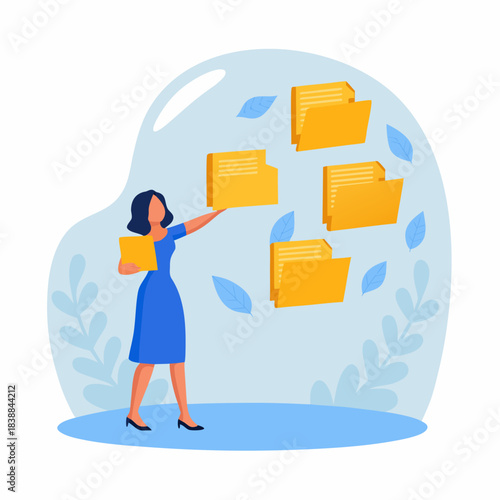 Woman managing digital files and folders in a modern workspace environment