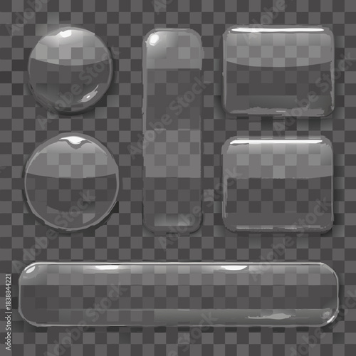 Realistic glass and transparent water droplet shapes on a checkered background