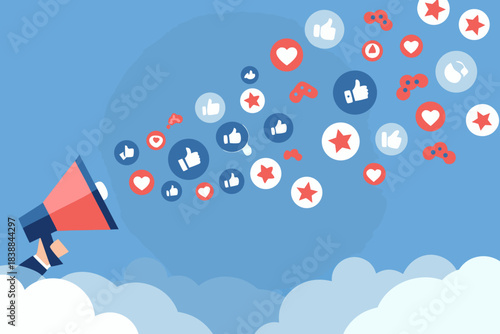 Social media marketing concept with a megaphone broadcasting likes and hearts