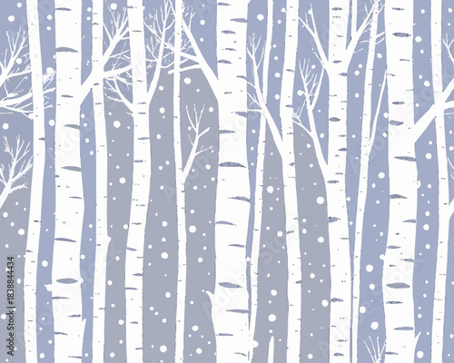 A calming winter forest scene with birch trees and falling snow