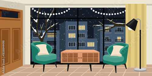 Cozy Winter Night City View from a Warm Living Room Window. Living room with city building view. Apartment interior.