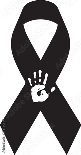 World aids day black ribbon symbol with hand print for awareness and support