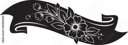 Elegant black ribbon banner with delicate floral elements for design and decoration