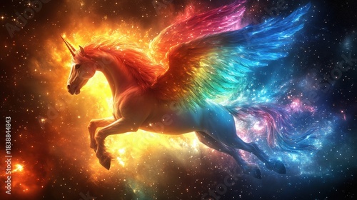 A majestic unicorn with rainbow wings flies through a vibrant cosmic nebula, conveying a sense of wonder, magic, and warmth. Stars and glowing gas create a stunning backdrop.