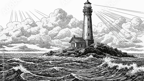 A beacon of hope shines brightly from a lighthouse on a rocky island amidst stormy seas and dramatic clouds