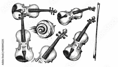 A Collection of Hand-Drawn Violins and Bows, Artistic Sketches Featuring Musical Instruments
