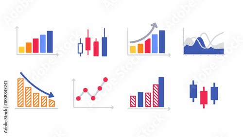 Comprehensive set of vector charts and graphs illustrating business growth, financial trends, market analysis, statistical data, and economic performance for analytical representations
