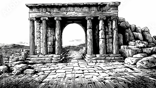 Ancient stone ruins of a grand archway with classical columns, leading to a bright, open space