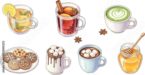 Cozy Winter Drinks and Sweet Treats Illustration Set,  Hot Beverages, Cookies, Cocoa, Tea, Matcha, Honey Clipart for Holiday and Seasonal Design