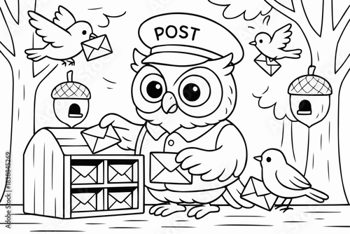Coloring book for kids - Cartoon owl delivering mail with birds in a whimsical forest scene  
