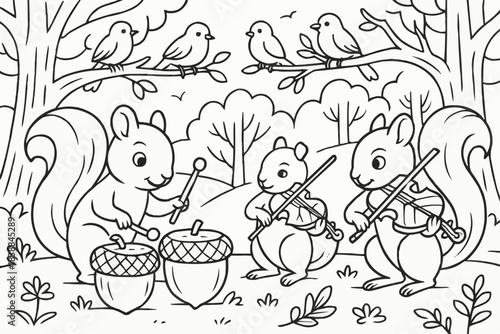 Coloring book for kids - Three squirrels playing music with instruments in a forest scene  