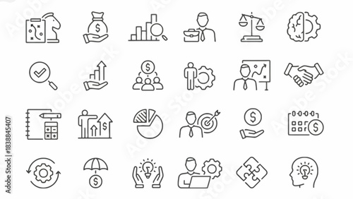 Vector line icons depicting essential business management, financial growth, strategic planning, and analytical success concepts