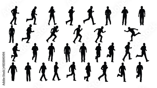 Silhouette set of people running jogging and moving in action poses