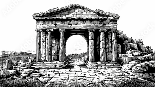 Striking Monochrome Illustration of Ancient Architectural Ruins, Showcasing a Weathered Stone Archway and Classical Columns in a Desolate Landscape