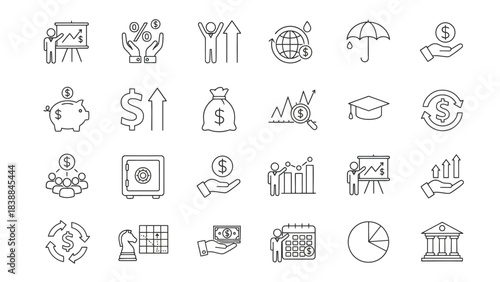 Financial Growth and Investment Icons Representing Banking, Savings, and Economic Progress