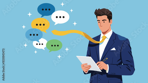 Dynamic businessman actively participating in digital communication, brainstorming new ideas, and managing feedback with multiple interactive speech bubbles