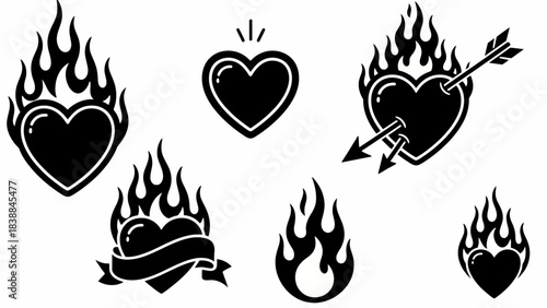 Collection of Passionate Flaming Heart Vector Illustrations with Tattoo Style Designs, Perfect for Love-Themed Graphics and Romantic Emblems for Digital Projects