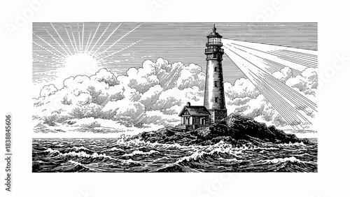 Vintage-style maritime illustration a beacon of hope, a solitary lighthouse on a rugged isle, its guiding light piercing through the atmospheric clouds and swirling sea