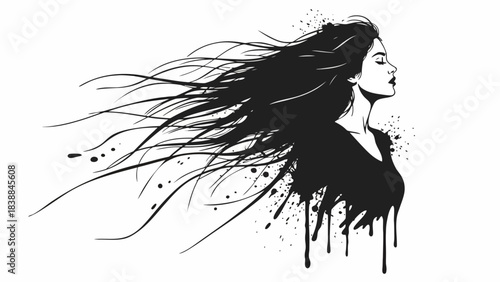 Striking illustration of a woman with flowing dark hair against a white background, artistic and expressive