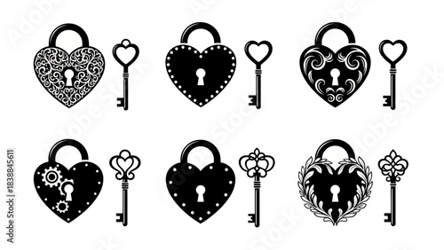 Elegant heart-shaped padlock and key collection, featuring intricate vintage designs, symbolizing love, security, and partnership, perfect for romantic themes