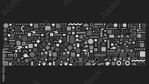 Dynamic abstract geometric pattern featuring diverse grayscale shapes, creating a modern and versatile background for digital design projects and contemporary compositions