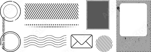 Postage seal set, Grunge postal stamp frames set featuring vintage borders, blank postmark imprints, and textured label shapes. Ideal for documents, packages, mail designs, stickers, and retro artwork