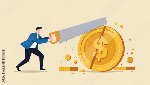 Conceptual illustration of a businessman sawing a giant dollar coin, representing cost-cutting, debt management, and economic downturns