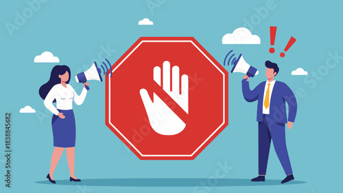 Two people with megaphones protest against a red stop sign with a hand symbol, expressing disagreement and opposition to a rule