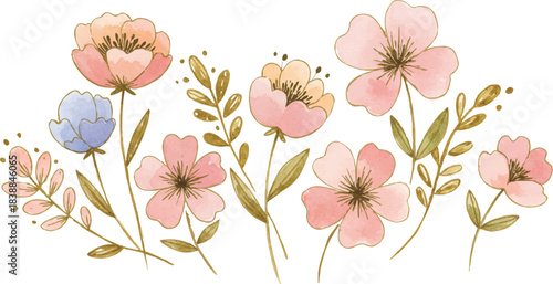 Elegant watercolor floral illustration with soft pastel pink and blue blossoms, delicate golden accents, and botanical leaves, evoking a sense of spring charm and artistic grace for various design pro