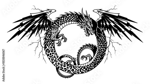 Ouroboros Dragon with Bat Wings - Black Ink Eternal Cycle Tattoo Design & Mythology Art