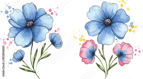 Vibrant watercolor flowers blooming with artistic splatters, creating a fresh and delicate botanical illustration perfect for spring designs and decorative elements.