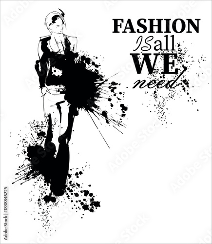 Beautiful young girl in stylish clothes. Fashion woman look. Sale concept. Hand-drawn fashion illustration.