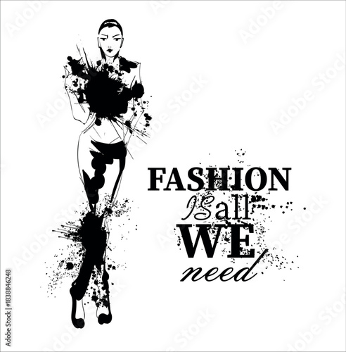 Beautiful young girl in stylish clothes. Fashion woman look. Sale concept. Hand-drawn fashion illustration.
