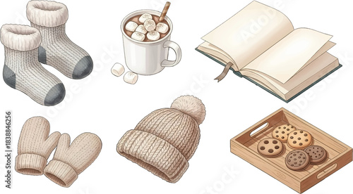 Cozy Winter Essentials Illustration Set – Knitted Socks, Mittens, Beanie, Hot Cocoa, Cookies Tray, and Open Book Clipart for Hygge Lifestyle and Warm Seasonal Design
