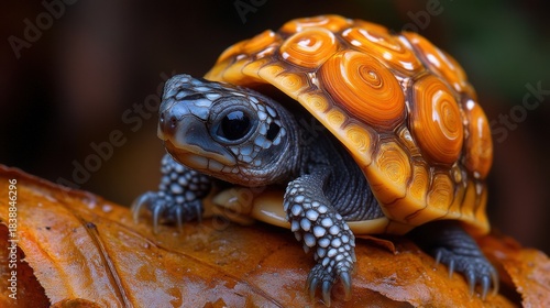 A captivating close-up portrait of a small turtle with a brilliant orange shell, focusing on its detailed scales and serene expression. Soft lighting enhances the tranquil atmosphere.