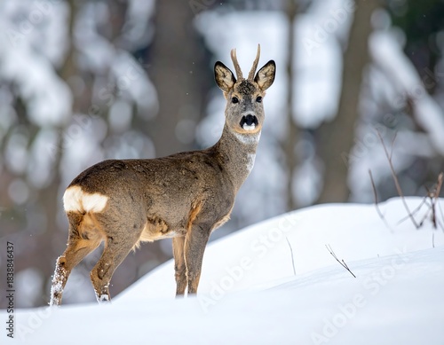 Wallpaper Mural A regal deer stands amidst snow, looking directly forward in a winter forest scene Torontodigital.ca
