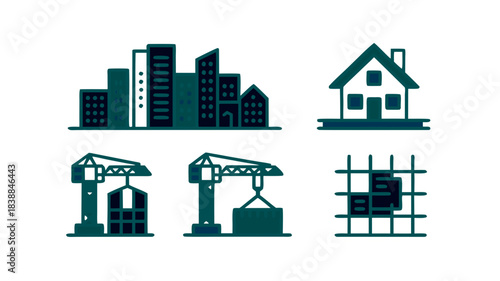 Urban Skyline Concept, Modern Housing Design, Industrial Crane Illustration, Residential Architecture Style, City Building Graphics, Real Estate Development, Construction Process Visual