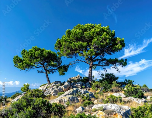 Trees atop rocky hill against bright blue sky